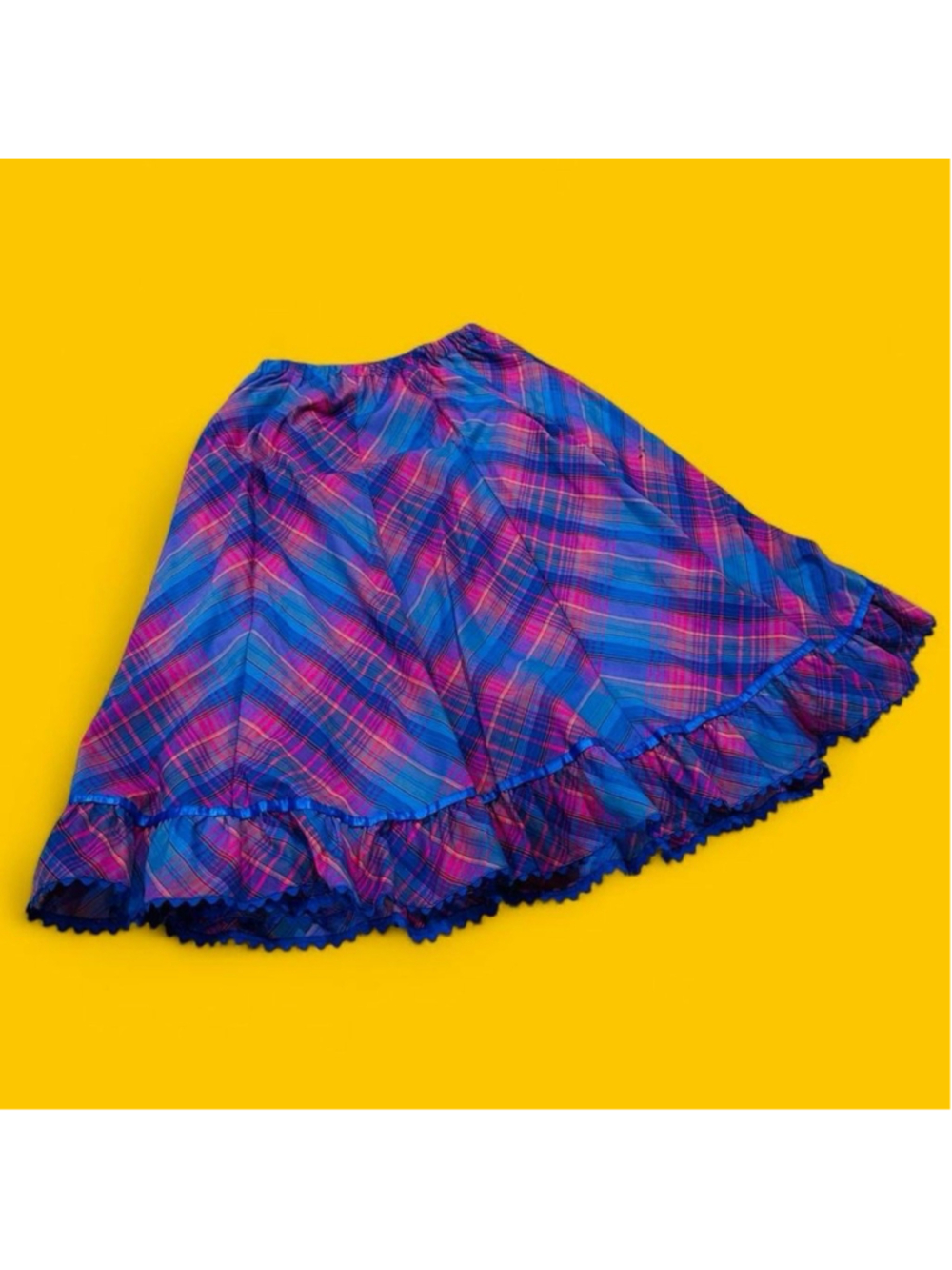 VTG 80s Plaid Midi Skirt Ruffle Hem Blue Pink Prairie Cottagecore USA 27 Waist